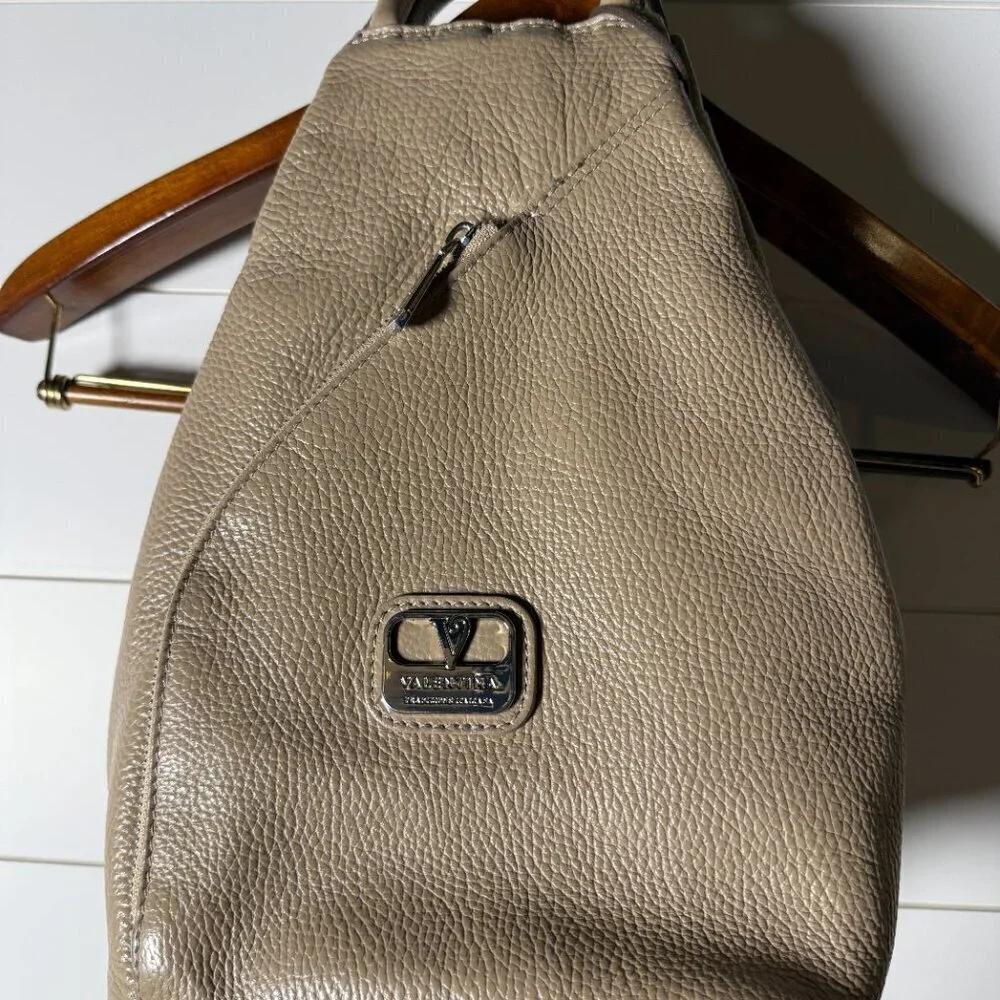 Valentina Italian Bag Sling Backpack Shoulder Pebble Leather Taupe